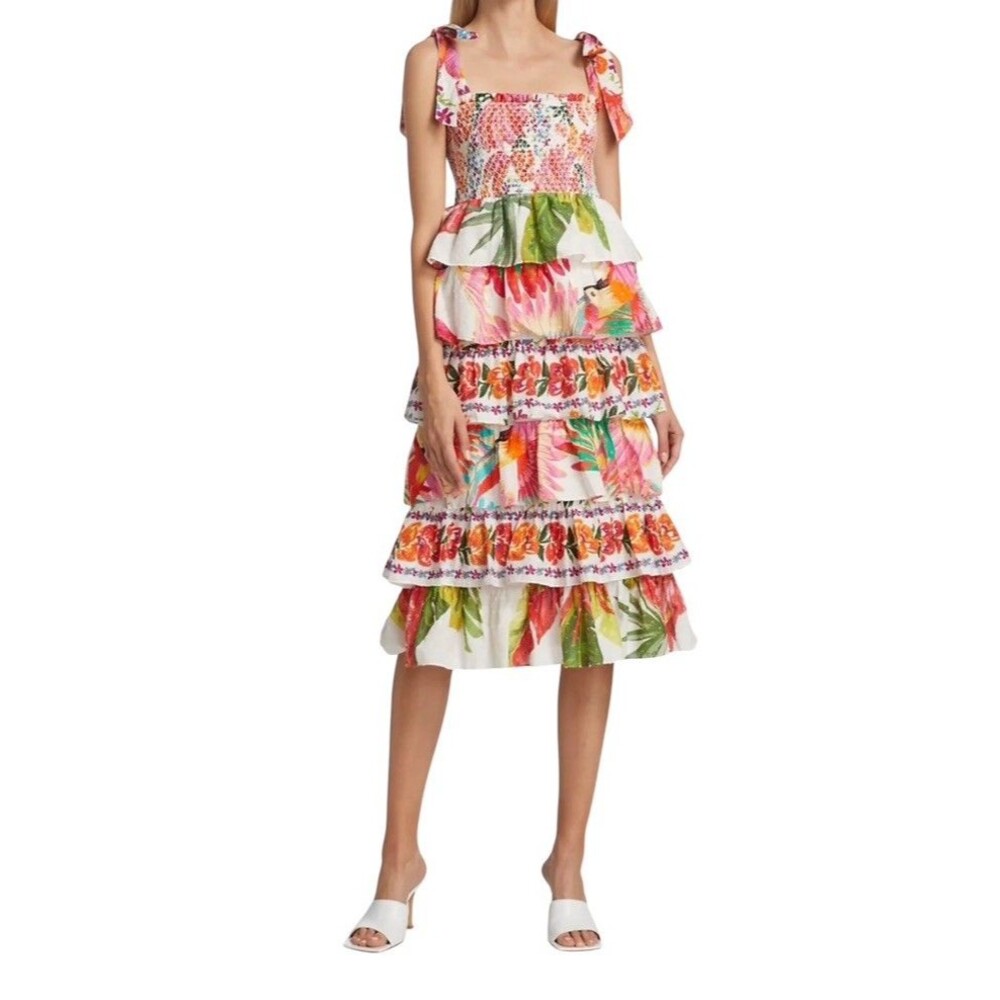 Farm Rio Mixed White Prints Layered Dress M Tropical Floral Tiered Linen Smocked
